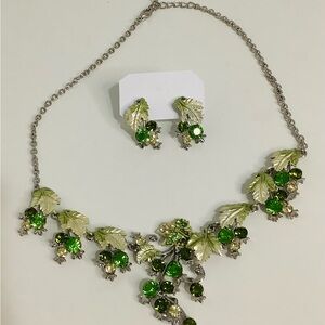 Green Leaf Crystal Necklace and Earring Set